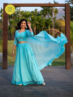 Label Shaurya Sanadhya - Sky Blue Top And Skirt With Jacket (Set of 3)