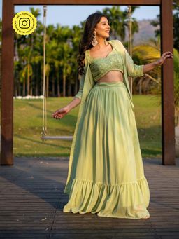 Label Shaurya Sanadhya - Pastel Green Top And Skirt With Jacket (Set of 3)