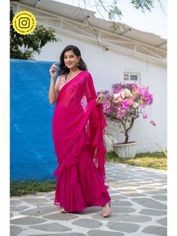 Label Shaurya Sanadhya - Rani Pink Ruffle Saree with Unstitched Blouse