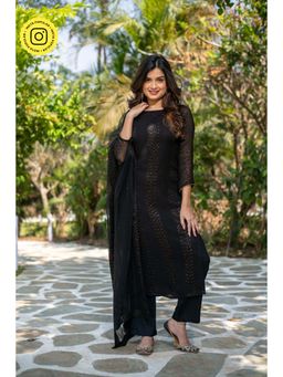 Label Shaurya Sanadhya - Black and Gold Thread Work Kurta with Pant and Dupatta (Set of 3)
