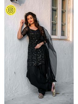 Label Shaurya Sanadhya - Black and Gold Kurti with Patiala Salwar and Dupatta (Set of 3)