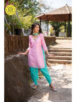Label Shaurya Sanadhya - Light Pink and Sea Green Kurti with Dhoti and Dupatta (Set of 3)