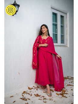 Label Shaurya Sanadhya - Pink Floral Gold Anarkali Kurta with Bottom and Dupatta (Set of 3)
