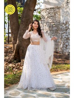 Label Shaurya Sanadhya - White Thread and Sequin Work Lehenga with Choli and Dupatta (Set of 3)