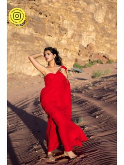 Label Shaurya Sanadhya - Red Ready to Wear Saree with Stitched Blouse