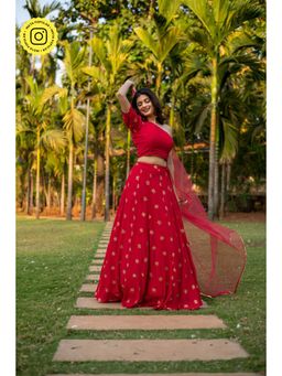 Label Shaurya Sanadhya - Red One Shoulder Lehenga (Set of 3)