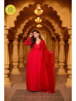 Label Shaurya Sanadhya - Red Chanderi Long Maxi Dress & Dupatta (Set of 2)