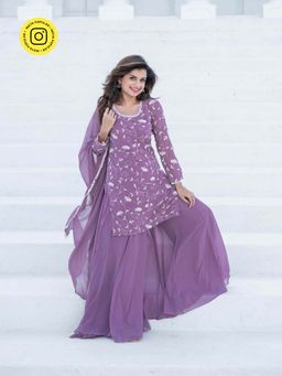 Label Shaurya Sanadhya - Purple Thread Work Georgette Kurta with Palazzo & Dupatta (Set of 3)
