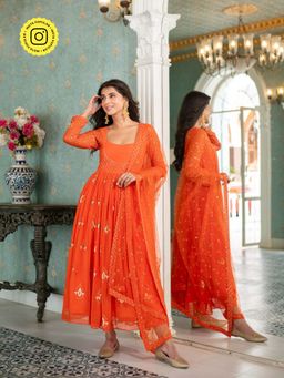 Label Shaurya Sanadhya - Orange Choli Style Anarkali Kurta with Pants & Dupatta (Set of 3)
