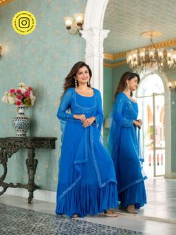 Label Shaurya Sanadhya - Electric Blue Choli Style Maxi Dress & Dupatta (Set of 2)