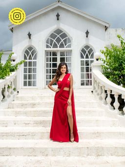 Label Shaurya Sanadhya - Red Skirt Slit Skirt with Attached Dupatta & Crop Top (Set of 2)