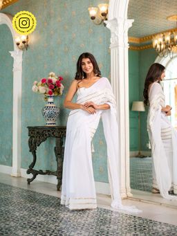 Label Shaurya Sanadhya - White Sequin Saree with Stitched Blouse