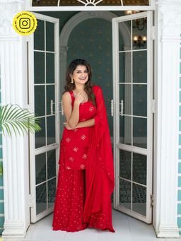 Label Shaurya Sanadhya - Red Short Kurta with Palazzo & Dupatta (Set of 3)