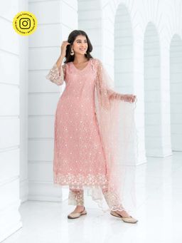 Label Shaurya Sanadhya - Peach Pakistani Thread Work Kurta with Pant & Dupatta (Set of 3)