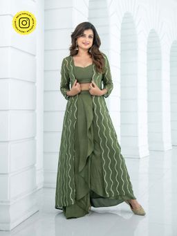 Label Shaurya Sanadhya - Olive Skirt Dhoti with Jacket & Crop Top (Set of 3)