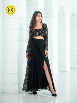Label Shaurya Sanadhya - Black Slit Dhoti with Jacket & Crop Top (Set of 3)
