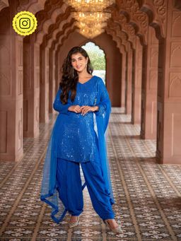 Label Shaurya Sanadhya - Electric Blue Patiala Salwar with Kurta & Dupatta Set (Set of 3)