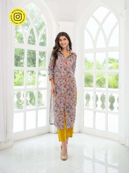 Label Shaurya Sanadhya - Grey Embroidered Cotton Kurta with Pant & Dupatta (Set of 2)