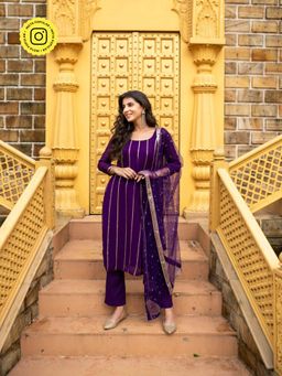 Label Shaurya Sanadhya - Purple Georgette Kurta with Pant & Dupatta (Set of 3)