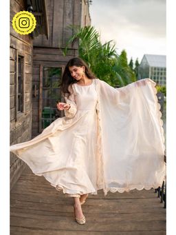 Label Shaurya Sanadhya - Beige Chanderi Anarkali With Pant And Dupatta (Set of 3)