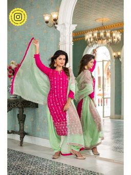 Label Shaurya Sanadhya - Rani Pink And Sea Green Kurta With Salwar And Dupatta (Set of 3)