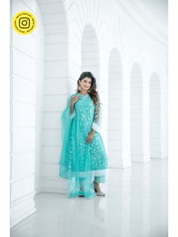 Label Shaurya Sanadhya - Sea Blue Pakistani Kurta With Pant And Dupatta (Set of 3)