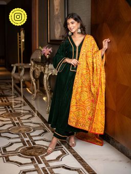 Label Shaurya Sanadhya - Velvet Bottle Green Silk Anarkali Kurta with Pants & Dupatta (Set of 3)