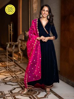 Label Shaurya Sanadhya - Velvet Navy Blue Anarkali Kurta with Pants & Dupatta (Set of 3)