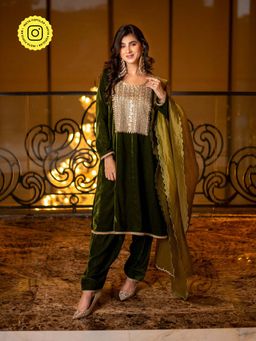 Label Shaurya Sanadhya - Velvet Dark Olive Kurta with Salwar & Dupatta (Set of 3)
