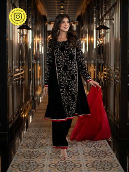 Label Shaurya Sanadhya - Velvet Black Panels Anarkali Kurta with Pant & Dupatta (Set of 3)