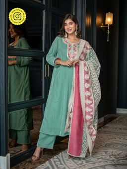 Label Shaurya Sanadhya - Velvet Mint Green Kurta with Pants & Thread Work Dupatta (Set of 3)