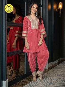 Label Shaurya Sanadhya - Velvet Dusty Short Kurti with Salwar (Set of 2)
