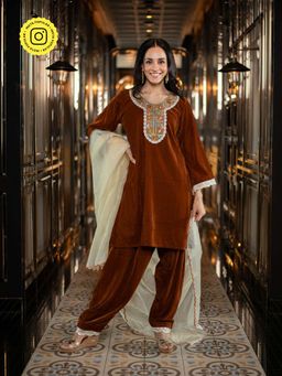 Label Shaurya Sanadhya - Velvet Rust Velvet Salwar with Kurta & Dupatta (Set of 3)