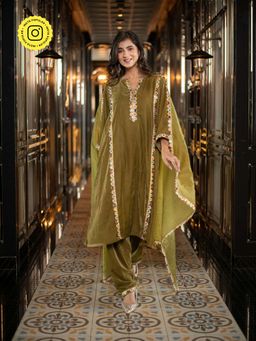 Label Shaurya Sanadhya - Velvet Olive Green Salwar with Kurta & Dupatta (Set of 3)