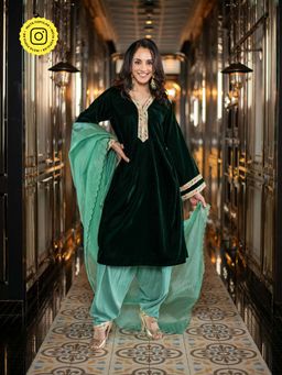 Label Shaurya Sanadhya - Velvet Bottle Green Salwar with Kurta & Dupatta (Set of 3)