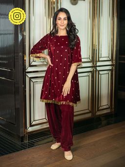 Label Shaurya Sanadhya - Velvet Maroon Sequin Kurti with Salwar (Set of 2)