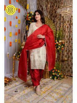 Label Shaurya Sanadhya - Cream and Red Tissue Kurta with Salwar and Dupatta (Set of 3)