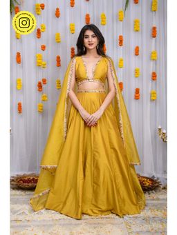 Label Shaurya Sanadhya - Mustard Silk Lehenga with Stitched Blouse and Dupatta (Set of 3)