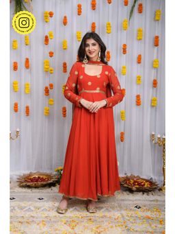 Label Shaurya Sanadhya - Orange Anarkali Kurta with Pant and Dupatta (Set of 3)