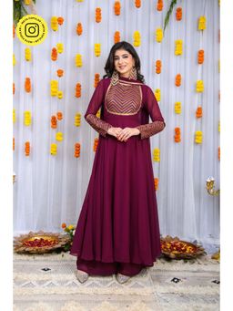 Label Shaurya Sanadhya - Wine Heavy Yolk Anarkali Kurta with Palazzo and Dupatta (Set of 3)