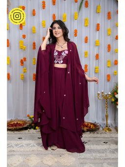 Label Shaurya Sanadhya - Wine Hand Work Cape with Blouse and Drape Skirt (Set of 3)