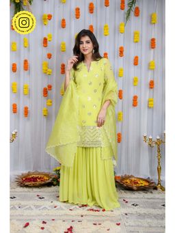 Label Shaurya Sanadhya - Mono Green Kurta with Sharara and Dupatta (Set of 3)
