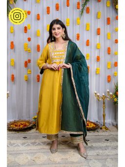 Label Shaurya Sanadhya - Mustard and Green Silk Kurta with Pant and Dupatta (Set of 3)