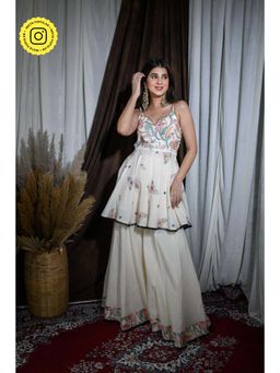 Label Shaurya Sanadhya - White Embroidered Kora Cotton Kurti with Palazzo (Set of 2)