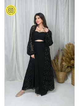 Label Shaurya Sanadhya - Black Jacket with Drape Skirt and Stitched Blouse (Set of 3)
