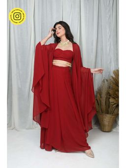 Label Shaurya Sanadhya - Red Cape and Drape Skirt with Stitched Blouse (Set of 3)