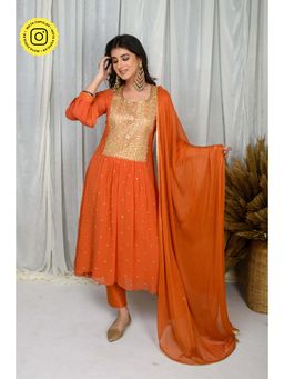 Label Shaurya Sanadhya - Orange A-Line Anarkali Kurta with Pant and Dupatta (Set of 3)