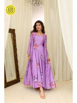 Label Shaurya Sanadhya - Purple Hand Painted Anarkali Kurta with Jacket (Set of 2)