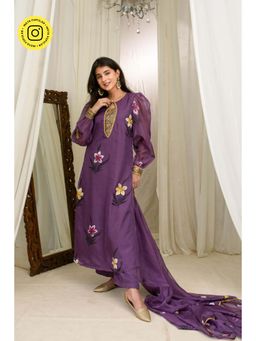 Label Shaurya Sanadhya - Purple Hand Painted Kurta with Pant and Dupatta (Set of 3)
