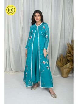 Label Shaurya Sanadhya - Teal Blue Hand Painted Anarkali Kurta with Pant and Jacket